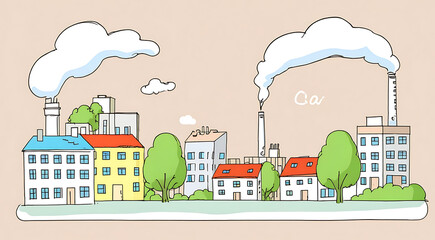 A minimalistic cartoon sketch showing the mitigation gap between temperature increase and CO2 emission, with a tree in middle and buildings in background, Abstract cartoon sketch style
