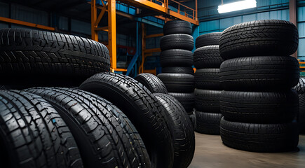 A large stacks and Piles of car tires in factory storage area. Synthetic Rubber tires Production, Tire Manufacturing Technology concept
