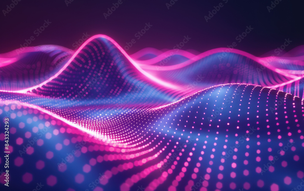Poster futuristic neon landscape with flowing lines and glowing dots, creating a digital wave effect in vib