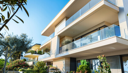 Fototapeta premium Front side angle from below of a modern luxury suburban house with warm almond walls and sleek glass balconies, set against a stylish garden.