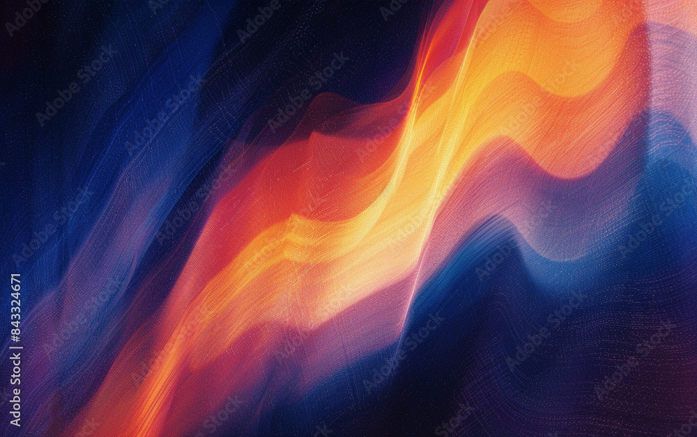 Poster grainy abstract fluid art with vibrant orange and blue hues, creating a dynamic and flowing visual c