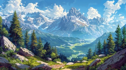 Obraz premium An illustration of a serene mountaintop with panoramic views of valleys, forests, and distant peaks.
