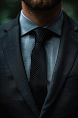 Close-up of a businessman wearing a dark suit, light blue shirt, and black textured tie, highlighting professional attire and elegance in a modern corporate setting.