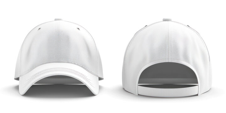 A plain white baseball cap is displayed from both front and back views. The cap features a classic design with a curved brim, ventilation holes, and an adjustable strap at the back