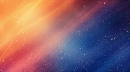 Fototapeta premium Grainy cosmic gradient background with vibrant hues of sunset colors blending into deep blue, complete with sparkling stars and light streaks.