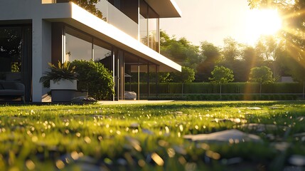 Obraz premium /imagine: Afternoon shot of a luxurious modern suburban house with a sleek, minimalist design, bright sunlight, and a well-maintained lawn, captured by an HD camera.