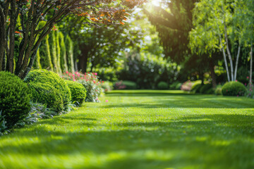 Obraz premium A beautifully manicured garden with lush green grass, trimmed bushes, and vibrant flowers, bathed in golden sunlight on a tranquil day.