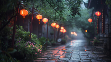 A narrow street with red brick buildings and red lanterns hanging from the roof. The street is wet from the rain