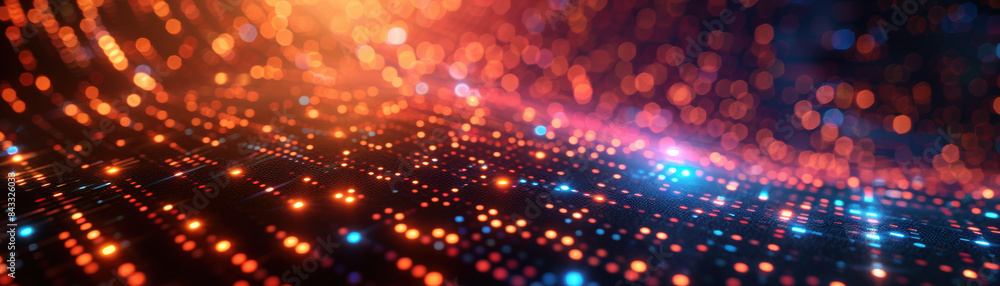 Poster vibrant digital abstract background with colorful glowing dots and lines on a dark surface, perfect 