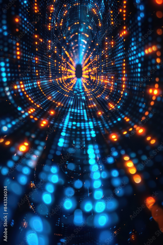 Poster abstract digital tunnel with vibrant blue and orange led lights creating a futuristic and dynamic vi