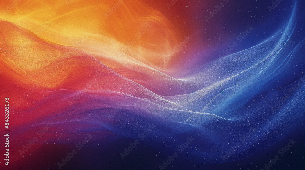 Poster grainy abstract flowing colored waves with a blend of orange, blue, and red hues creating a dynamic 