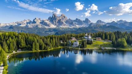 Aerial view of Lago Antorno, Dolomites, Lake mountain landscape with Alps peak , Misurina, Cortina d'Ampezzo, Italy