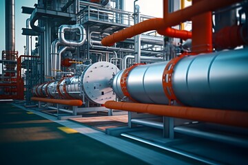 3d rendering of an oil production plant with pipes and machinery, set against the backdrop of industrial architecture. The focus is on one large blue pipe in closeup view