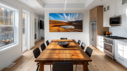 photo of a modern kitchen with large oakwood dining table and a large architectural photo or landscape photo hanging on the wall