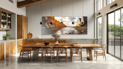 photo of a modern kitchen with large oakwood dining table and a large architectural photo or landscape photo hanging on the wall