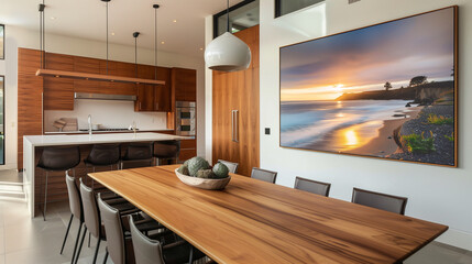 photo of a modern kitchen with large oakwood dining table and a large architectural photo or landscape photo hanging on the wall