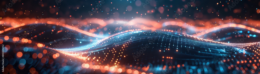 Poster a mesmerizing digital abstract background with glowing blue and orange light waves and particle effe