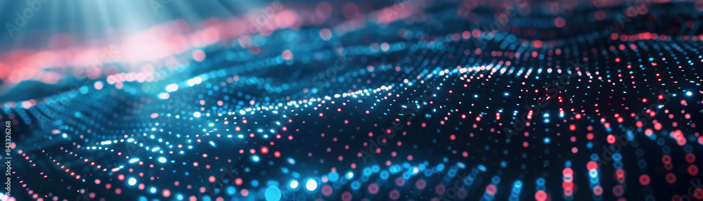 Poster futuristic digital landscape with glowing blue and red lights pulsating patterns and data visualizat