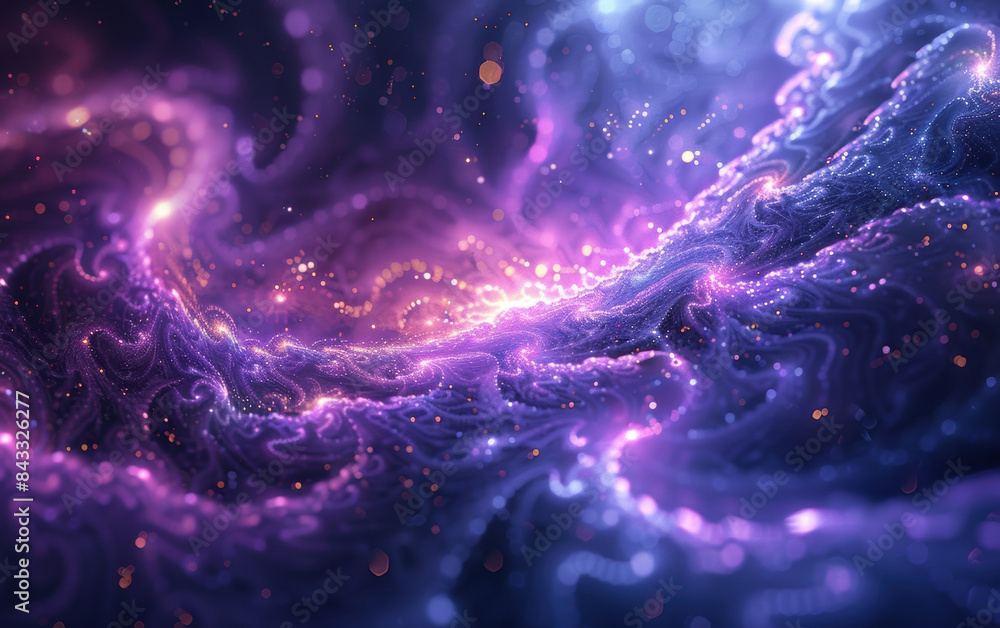Poster abstract digital artwork featuring a vibrant and colorful cosmic wave with glowing particles and int