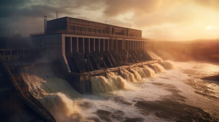 a large dam located between two hills. Water flows rapidly from the dam into the river below, creating a beautiful and dramatic view.