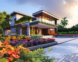 /imagine: Afternoon view of a luxurious modern house with a spacious driveway, vibrant flower beds, and stylish architecture, captured by an HD camera.
