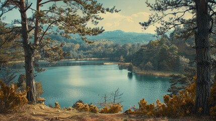 Beautiful landscape view of pine forest tree and lake view of reservoir