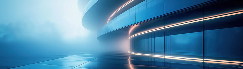 Futuristic architecture with sleek curves, illuminated lines, and misty surroundings, emphasizing modern design and technological advancement.