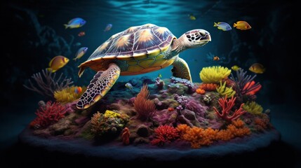 Obraz premium underwater illuminated by natural light with turtles and coral reefs, creating a beautiful atmosphere