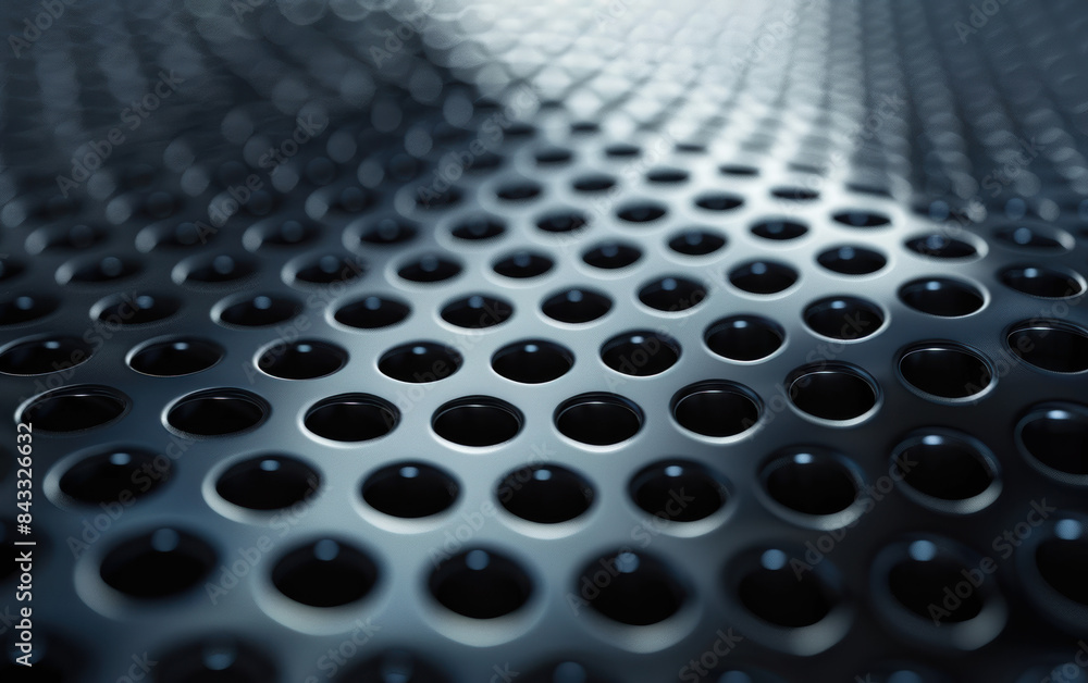 Poster close-up of a metallic perforated surface, featuring an abstract pattern of circular holes creating 
