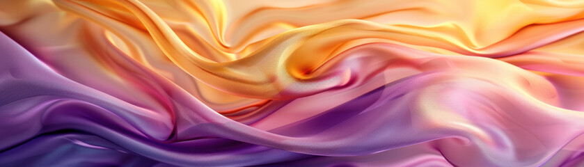 Obraz premium Colorful silk fabric with soft folds and smooth texture, featuring vibrant hues of purple, orange, and pink, creating a luxurious and elegant appearance.
