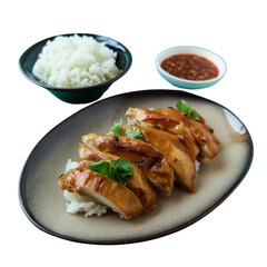 Close-up of a plate of chicken and rice on white background.