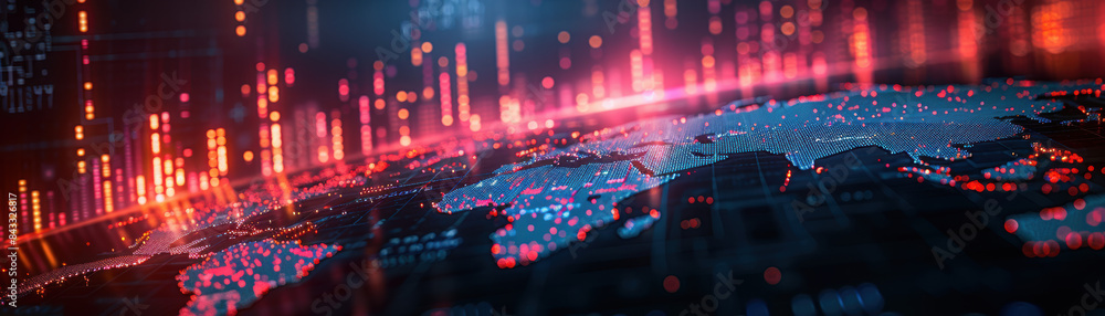 Poster futuristic digital world map with glowing data points and analytics, representing technology, global