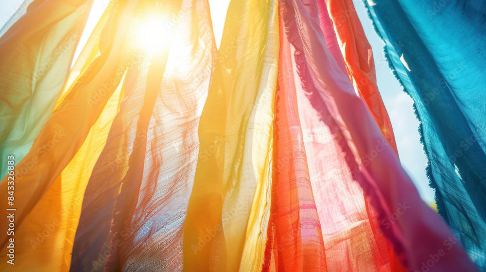 Poster vibrant colored fabric strips illuminated by sunlight, creating a mesmerizing play of light and shad