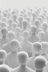 Obraz premium Abstract image of a crowd of identical white humanoid figures standing together, symbolizing unity, anonymity, and conformity.