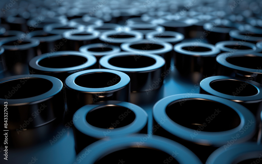 Poster abstract close-up of shiny black metallic cylinders in varying sizes on a reflective surface, creati