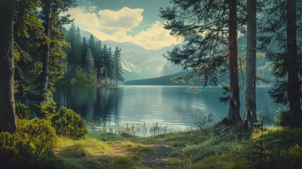 Beautiful landscape view of pine forest tree and lake view of reservoir