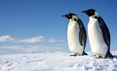 Fototapeta premium Penguins standing in the snow, side view, blue sky background, high definition photography