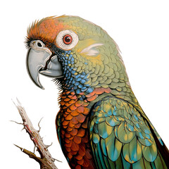 Close-up of a colorful parrot on a branch on white background.