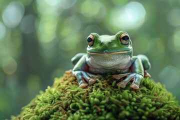 Naklejka premium Portrait of a happy flying tree frog smiling on a moss green background, in a closeup. Textured. A beautiful nature scene with a tropical rainforest animal concept art design in the style of nature.