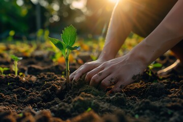Fototapeta premium Close-up image capturing a woman's hands tenderly planting a young tree, with sharp focus on the rich soil, the plant, and soft sunset rays illuminating the green garden bed