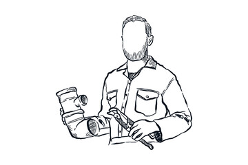 Plumber holding pipe and pliers. Plumb install repair service, hand drawn line drawing sketch vector illustration