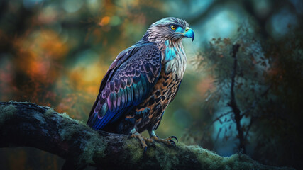 a majestic bird of prey with a mystical coloration, The bird is perched on a tree branch in a natural setting, with its feathers showing iridescent hues of blue, green, and purple. 
