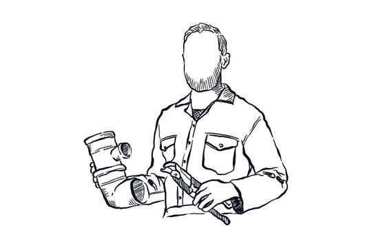 Plumber holding pipe and pliers. Plumb install repair service, hand drawn line drawing sketch vector illustration