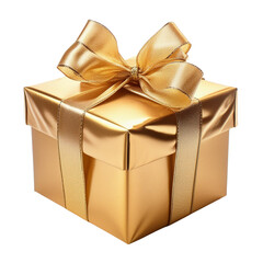 Gold gift box with golden bow on white background