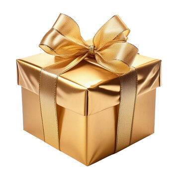 Gold gift box with golden bow on white background
