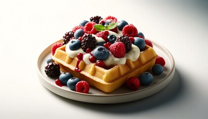 Delicious Belgian Waffle Topped with Fresh Berries and Whipped Cream on a Plate