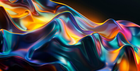 Naklejka premium Abstract fluid 3D render holographic iridescent colorful wave on black background with copy space for your text