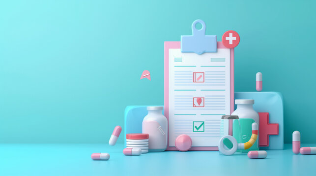3D Health insurance concept. Realistic 3d design of Big clipboard with document checklist Life insurance family health care protection and medical service in cartoon minimal style. Vector illustration