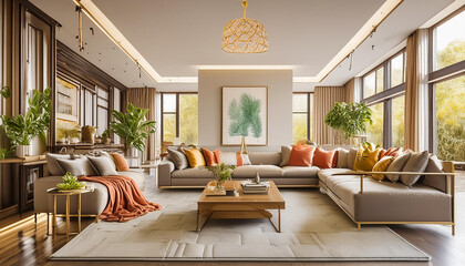 Luxurious Modern Living Room Interior - High-Resolution 3D Render with Natural Light and Stylish Deco