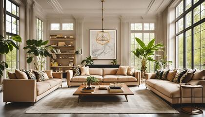 Luxurious Modern Living Room Interior - High-Resolution 3D Render with Natural Light and Stylish Deco